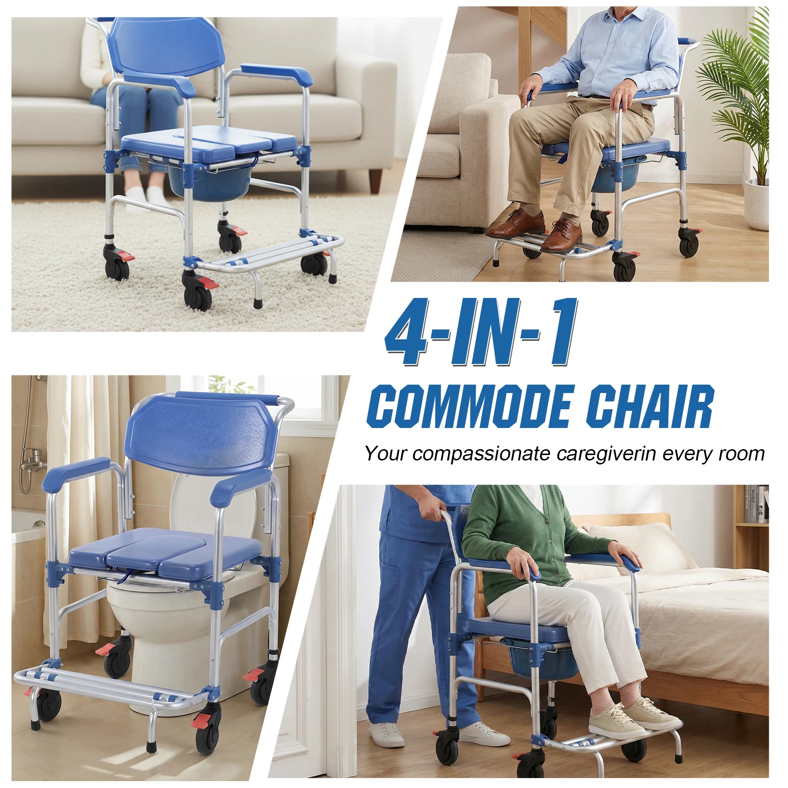 

Многофункциональное кресло-туалет 3-в-1 с откидными подлокотниками, блокируемыми колесиками, защитой от опрокидывания, складной подставкой для ног, выдерживает до 150 кг, со съемным ведром