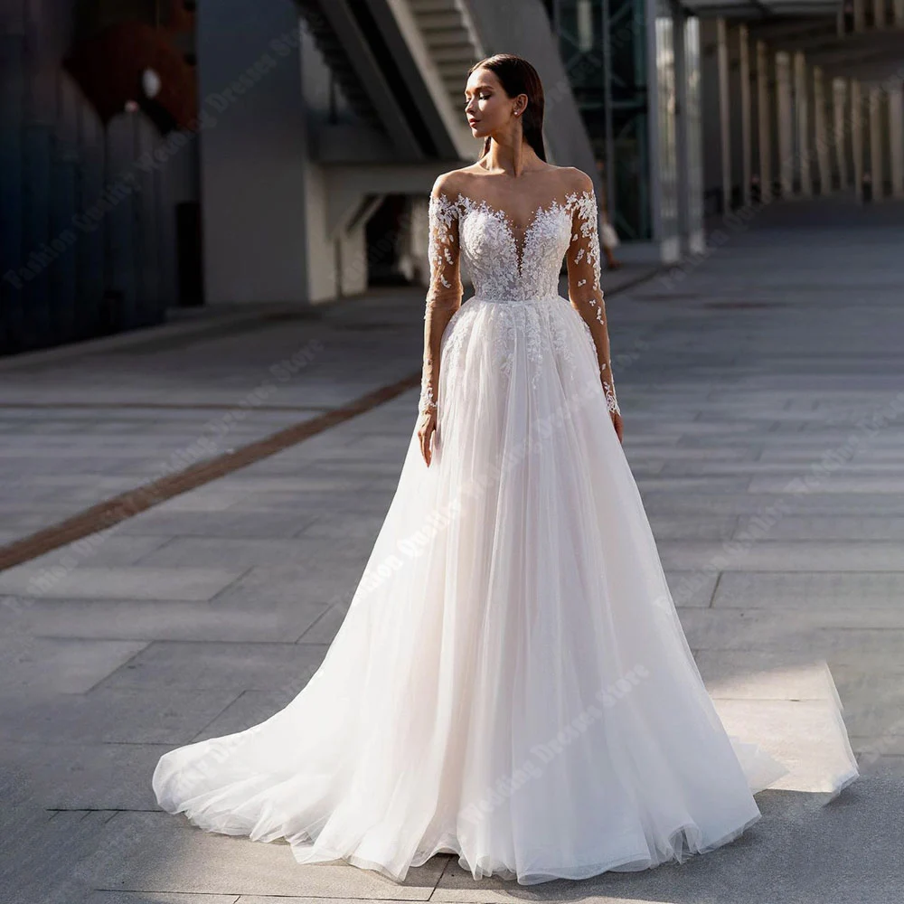 Elegante sexy rücken freie Frauen Brautkleider glänzen Tüll A-Linie Brautkleider Wisch länge Abschluss ball Vestido de Novias 2024