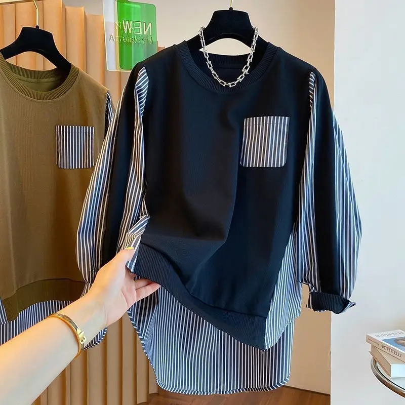 Large Size 300 Pounds Striped Splicing Fake Two-Piece Hoodie Men's Spring Autumn round Hem Design Sense Top American Style Bo...