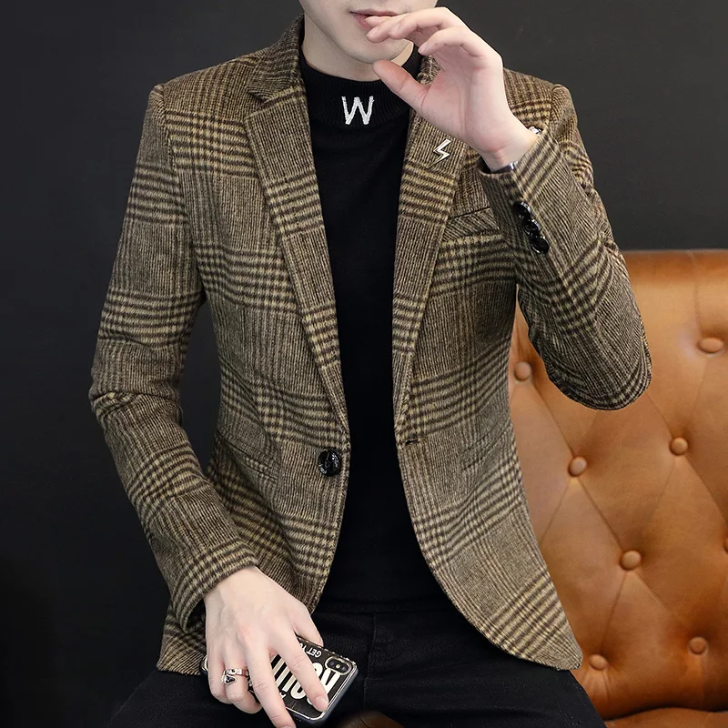 2024 New Men 2022 Autumn Winter Fashion Handsome Korean Version of The Trend Plaid Single West Coat Business Casual  Blazer