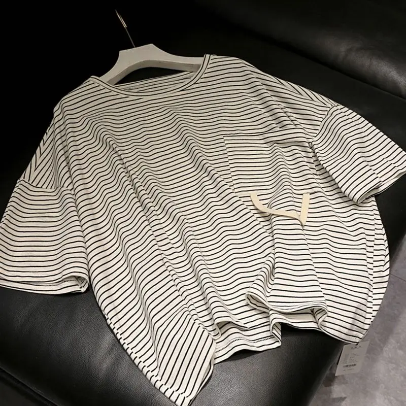 Summer New Striped Plus Size Street Casual Tops Short Sleeve O-neck Loose Youth Fashion T Shirts Vintage Korean Women Clothing