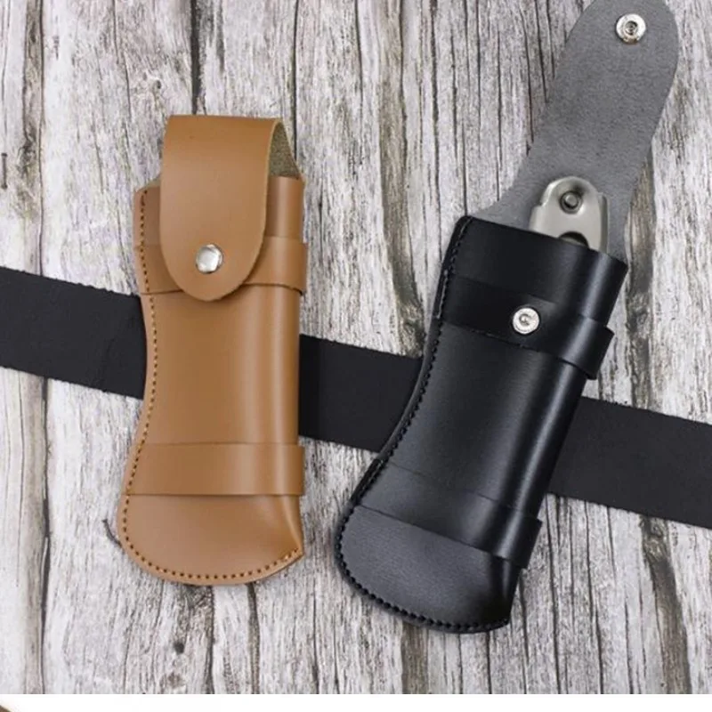 Brown Fold Knife Scabbard Tool Flashlight Belt Loop Case Holder Leather Sheath Pocket Hunt Camp Outdoor Carry Equipment