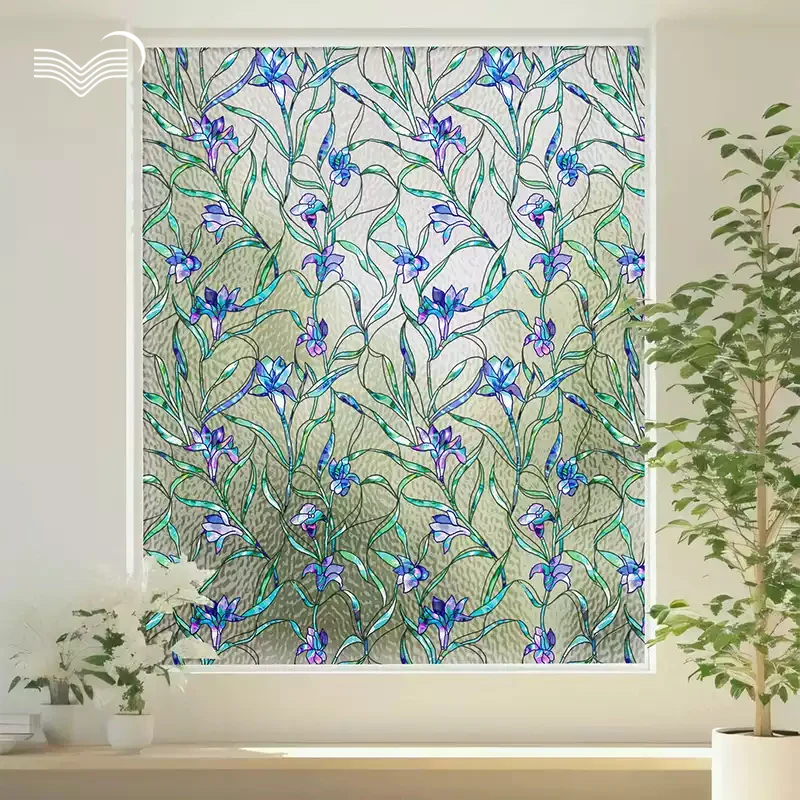 Vintage Iris Stained Glass Static Cling Window Film Privacy Decorative PVC Sticker Light Filtering Anti Peep Door Window Decal