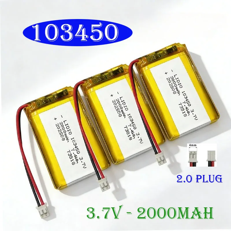 2026 New 103450 3.7V 2000mAh Polymer Lithium Rechargeable Battery Jst PH 2.0mm 2pin Plug for Camera GPS Navigator MP5 Headset