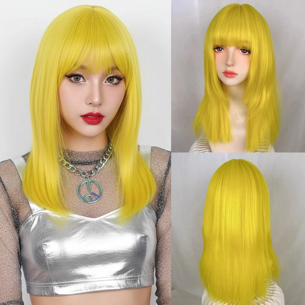 

Heat Resistant Short Straight Yellow Wig Synthetic with Bouncy Texture for Women’s Playful Cosplay & Casual Parties
