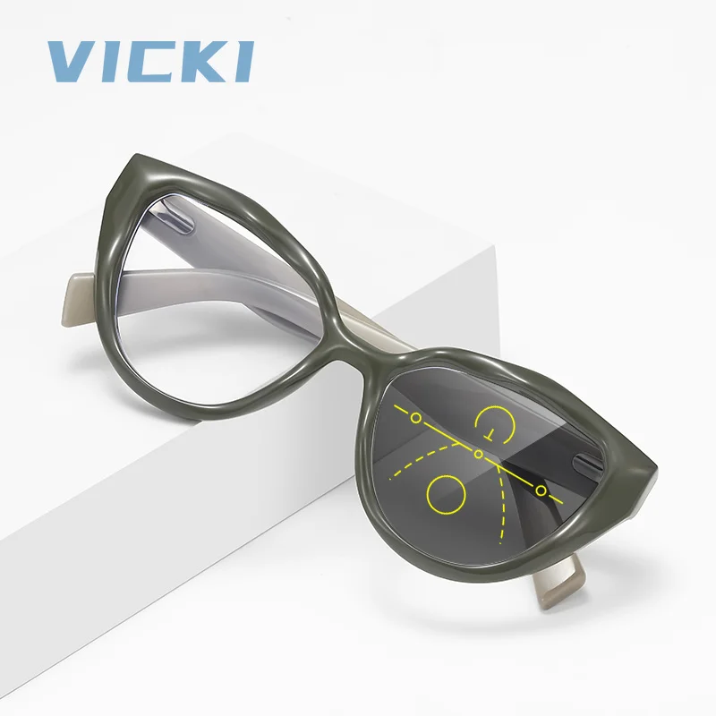 VICKI Retro Cat-eye Style Progressive Multifocal Lenses Photochromic Anti-blue Light Glasses Customizable Prescription LS096