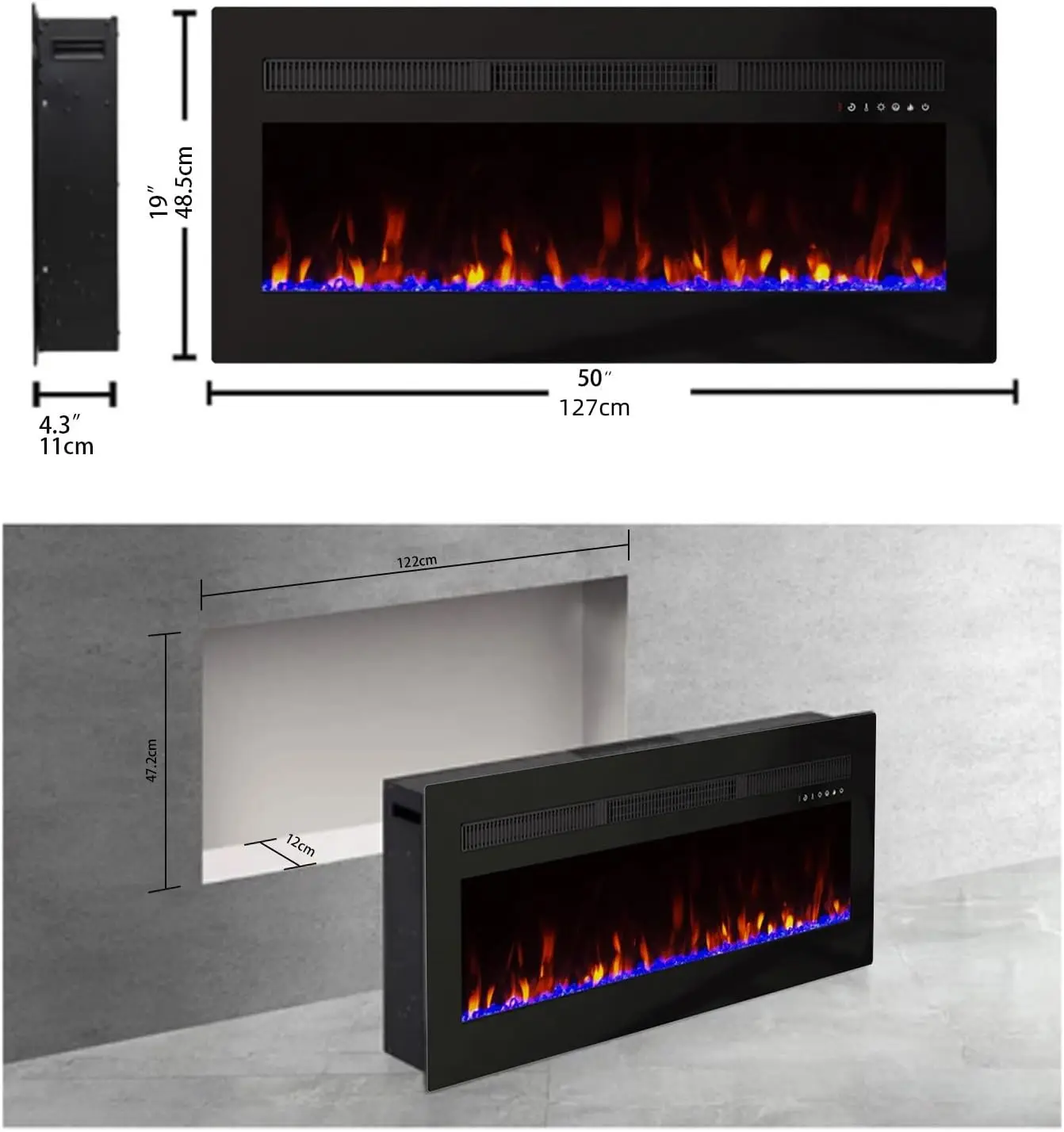 Aquecedor de lareira elétrica montado na parede, lareira elétrica embutida de 50 polegadas de largura, 1400 W, temporizador 8H, chama de 20 cores