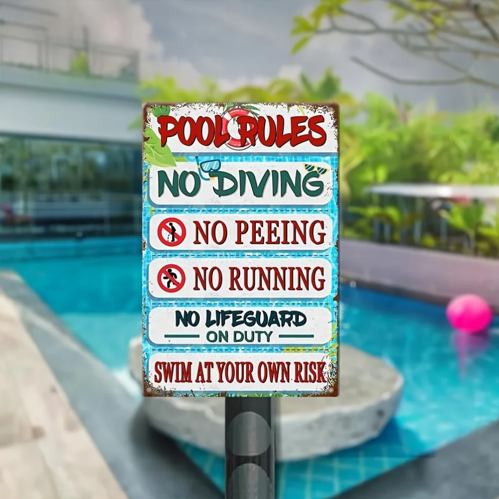 Vintage Metal Pool Rules Sign, , Rustic Iron Wall Decor for Backyard Pools,Beaches, Waterproof and Durable, 