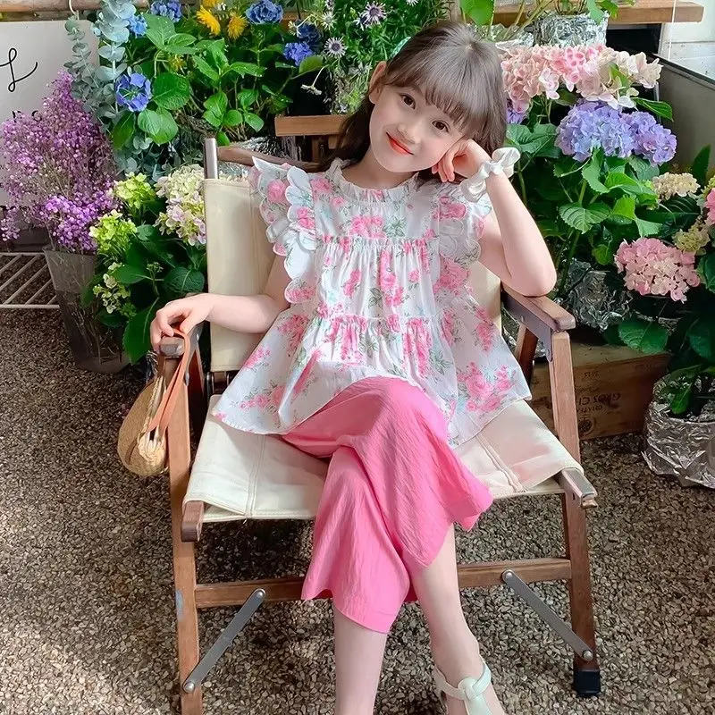 Girls Summer Blouse 2026 Design Floral Print Sleeveless Top Kids Casual Ruffle Sleeve Shirt Cute Fashion for Baby Girl Age 2-8