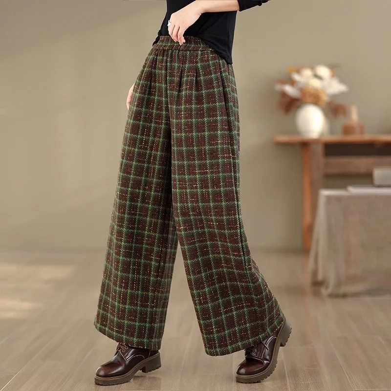 الرجعية منقوشة السراويل الصوفية النساء الخريف الشتاء ، حجم كبير فضفاض ومتعدد الاستخدامات مرونة الخصر ، الدافئة عادية واسعة الساق بنطلون w1692 #4
