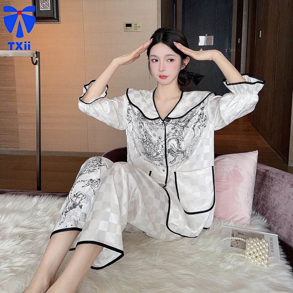 TXii Newlook Autumn 2024 Fashion New Sweet Lovely Pajamas Women's Ice Silk Square Plaid Doll Collar Comfortable Home Clothes