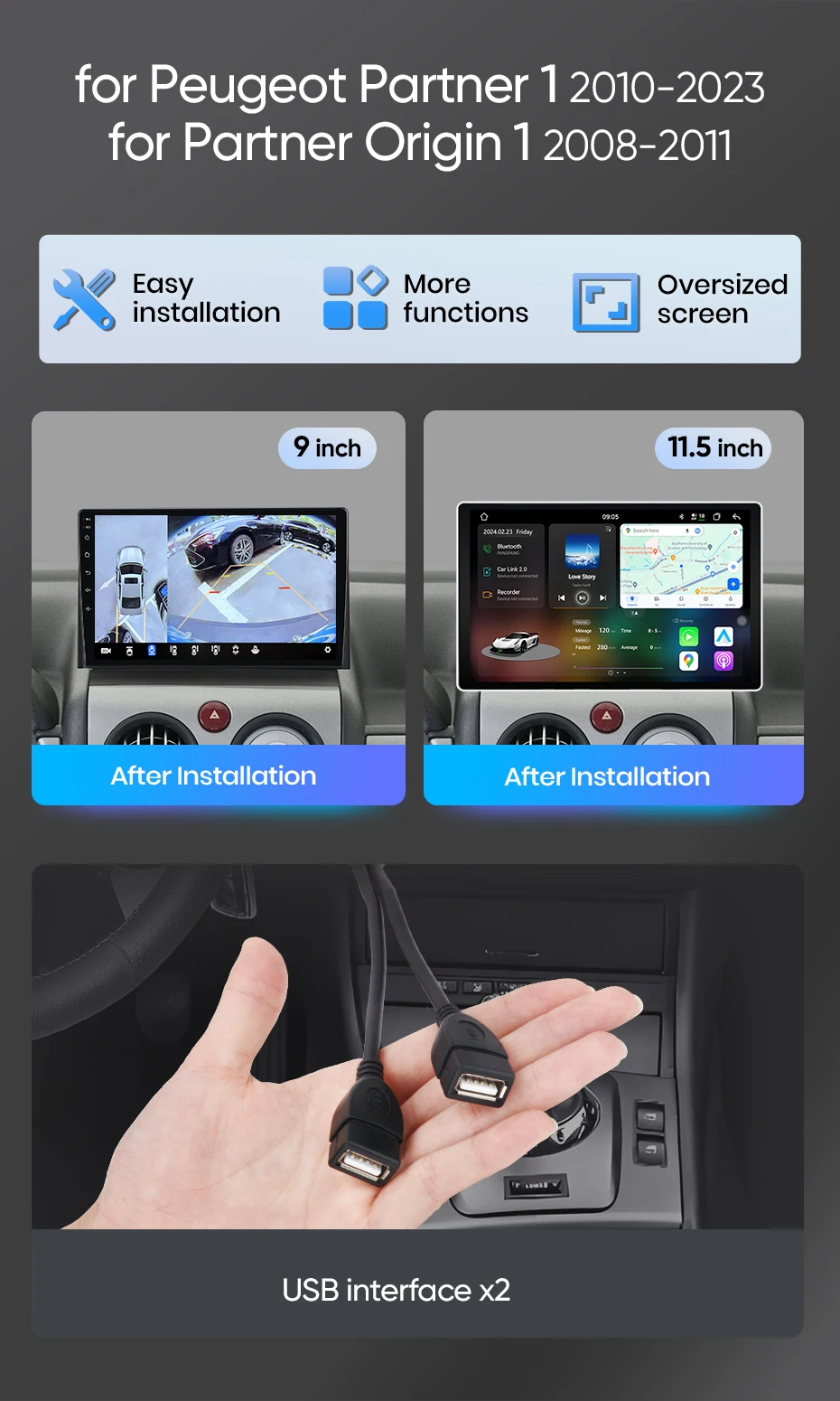 Junsun Android Auto Autoradio für Peugeot Partner 1 2002-2008 Partner Origin 1 2008-2011 Multimedia Wireless Apple CarPlay Smart Intelligent Systems IPS Touchscreen Stereo Video Player 2 Din Autoradio Head Unit Navigation BT GPS 4G WIFI FM AM DSP RDS SWC – Detail 2