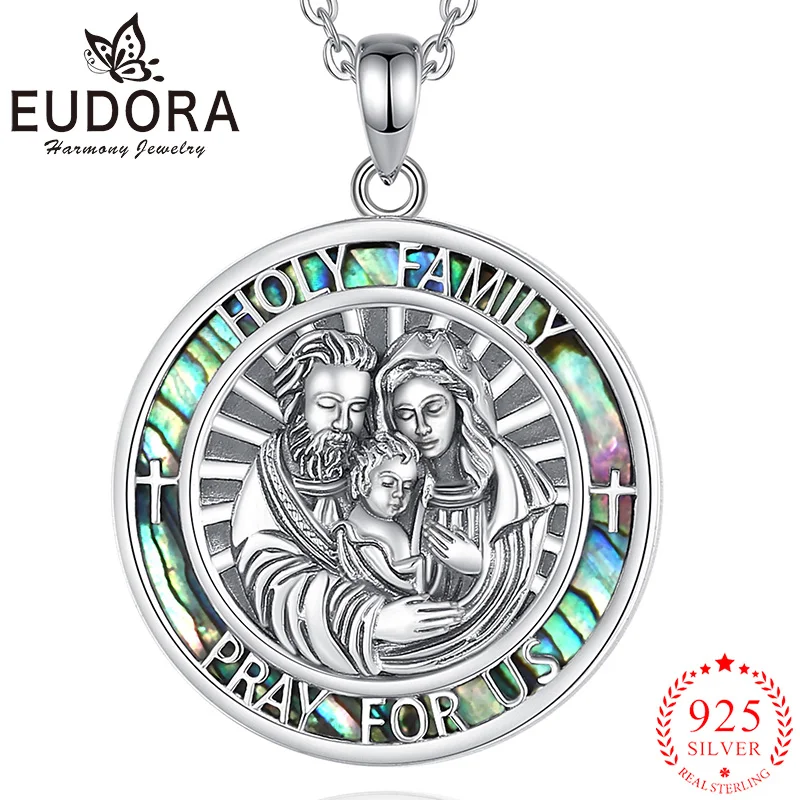 Eudora 925 Sterling Silver Holy Family Necklace Natural Abalone Shell Religious Pendant Exquisite Women Jewelry Party Gift