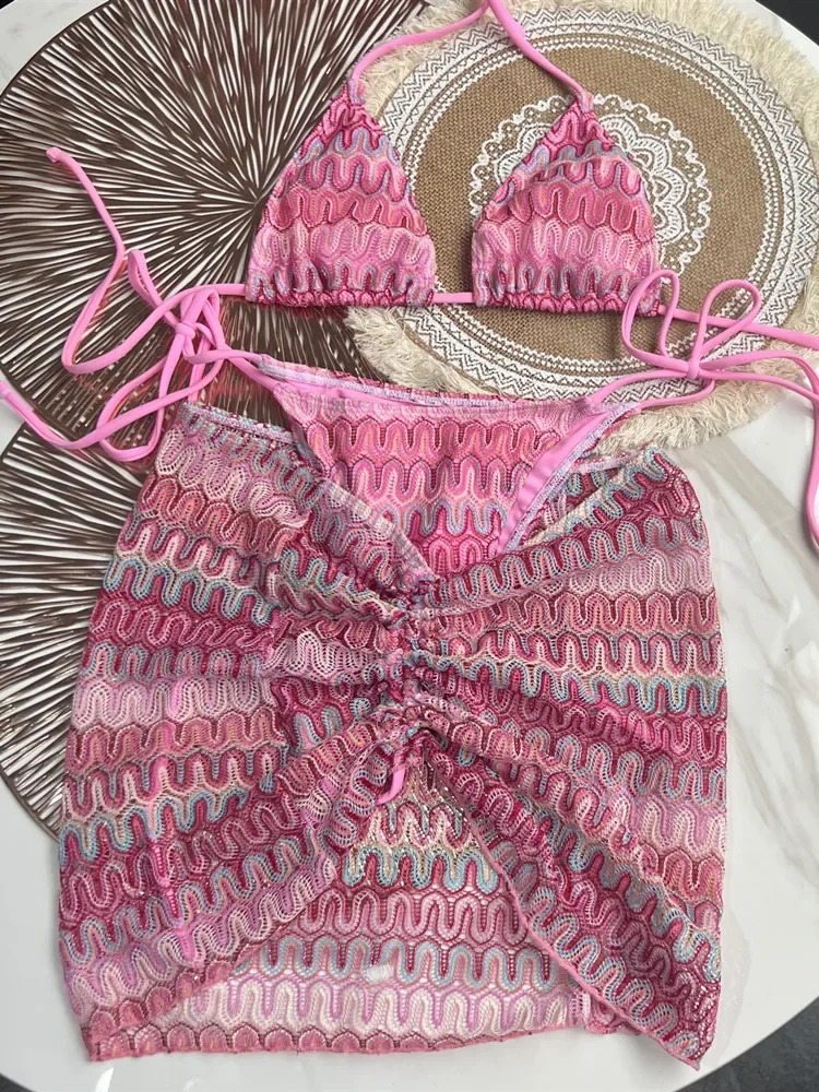 Women Swimsuit Colored Maple Leaves Knitted Bikini Skirt Three-Piece Set Split Swimsuit Bikini Sexy Biquini   Bathing Suit