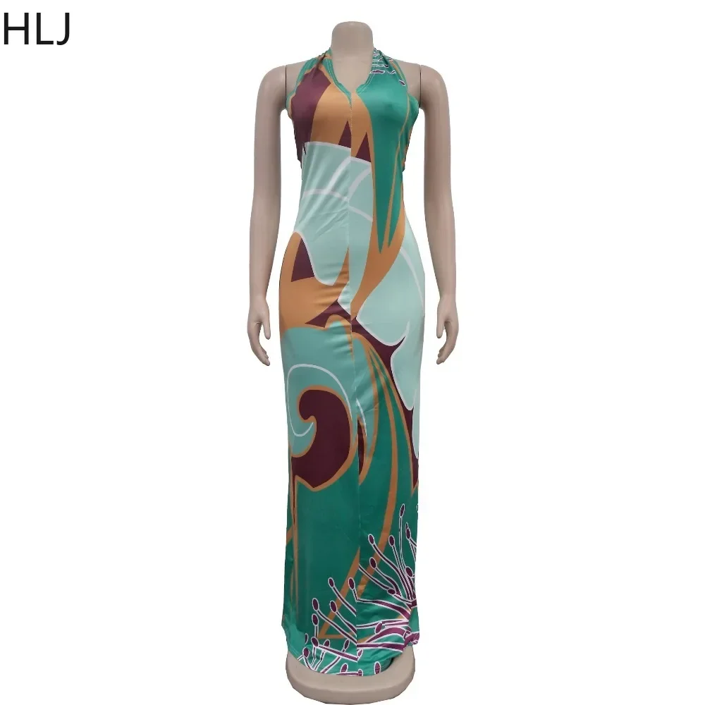 HLJ Green Sexy Halter Lace Up Printing Maxi Dresses Women Deep V Sleeveless Backless Slim Vestidos Female Party Club Clothing