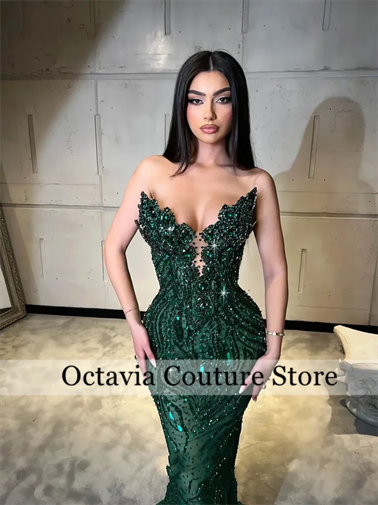 

Crystal Strapless Evening Dresses Mermaid Prom Gowns Sequins Pearls Beading Illusion Party Dress Customized جديد في ا