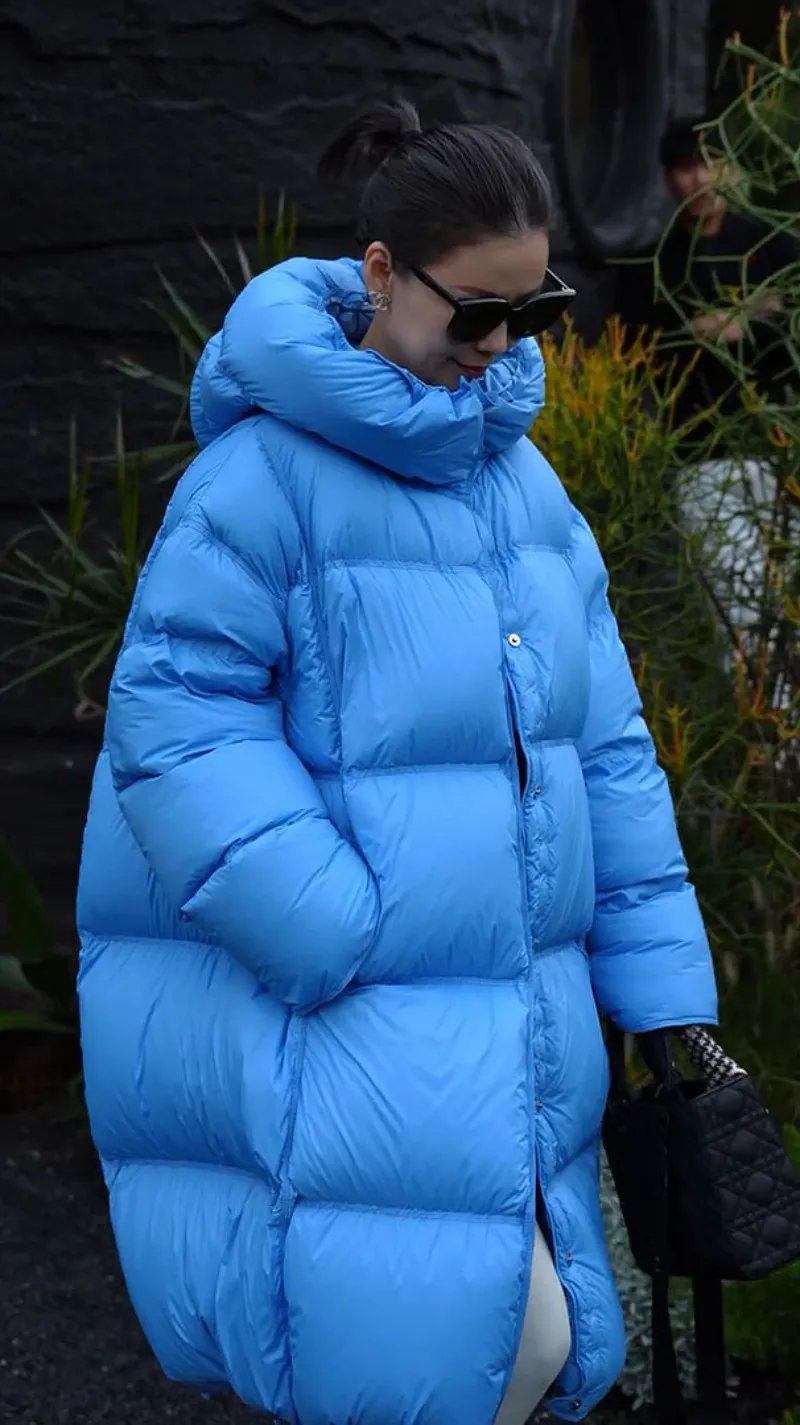 Korean Style Women Blue Hooded Down Jacket Single Breasted Loose Fit Warm Mid-length Puffer Jackets Autumn Casual Long Outerwear