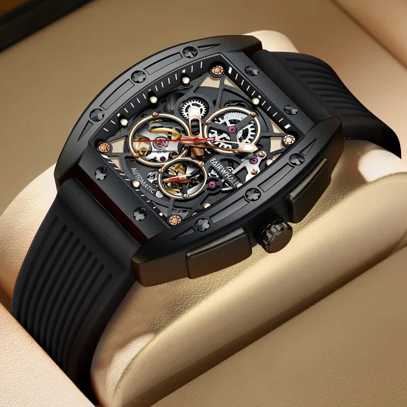 

2024 Automatic Mechanical Watch for Men Skeleton Tourbillon Mens Watch Male Rubber Strap Top Brand Luxury Black Watches