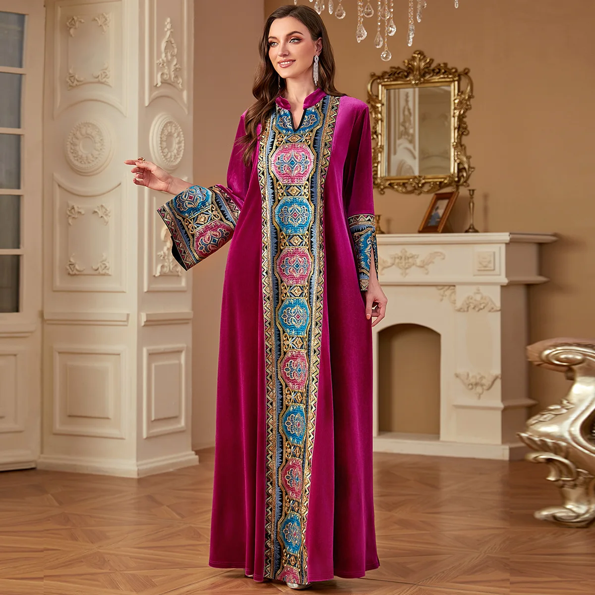 Velvet Abayas Long Sleeve for Warm Women Muslim Embroidery Maxi Dress Turkey Kaftan Islamic Clothing Musulmane Femme Vestidos