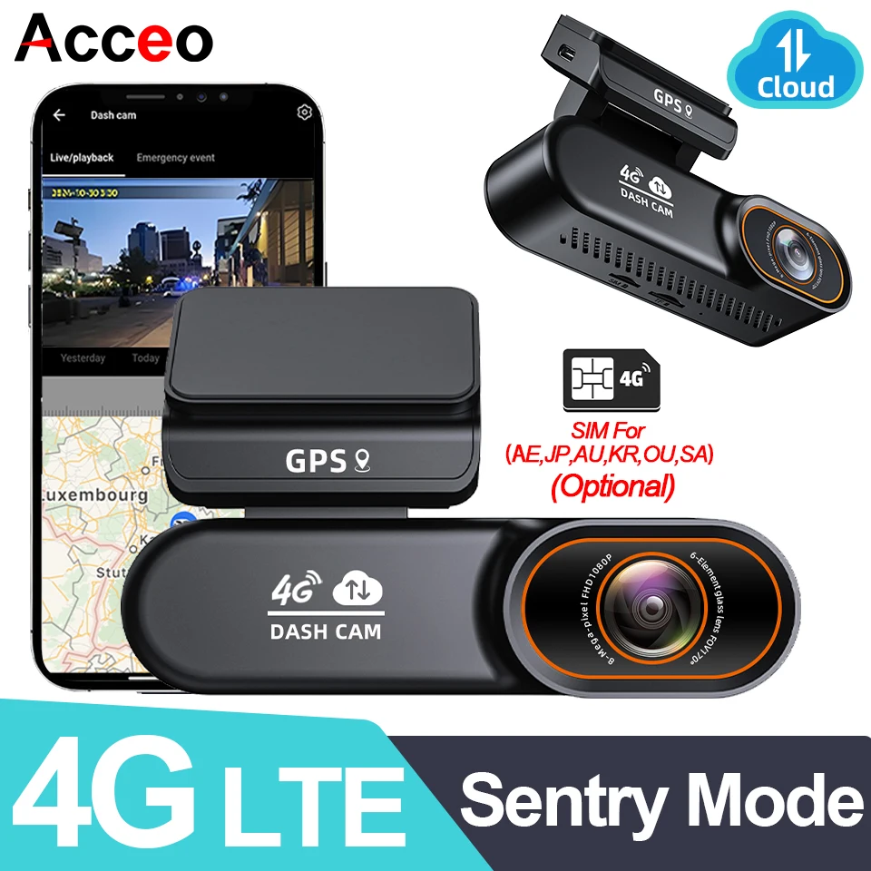 ACCEO 4G LTE Dashcam Remote Connection GPS Night Vision Car Camera Collision Warning Live-View Car Video Recorder 24H Parking