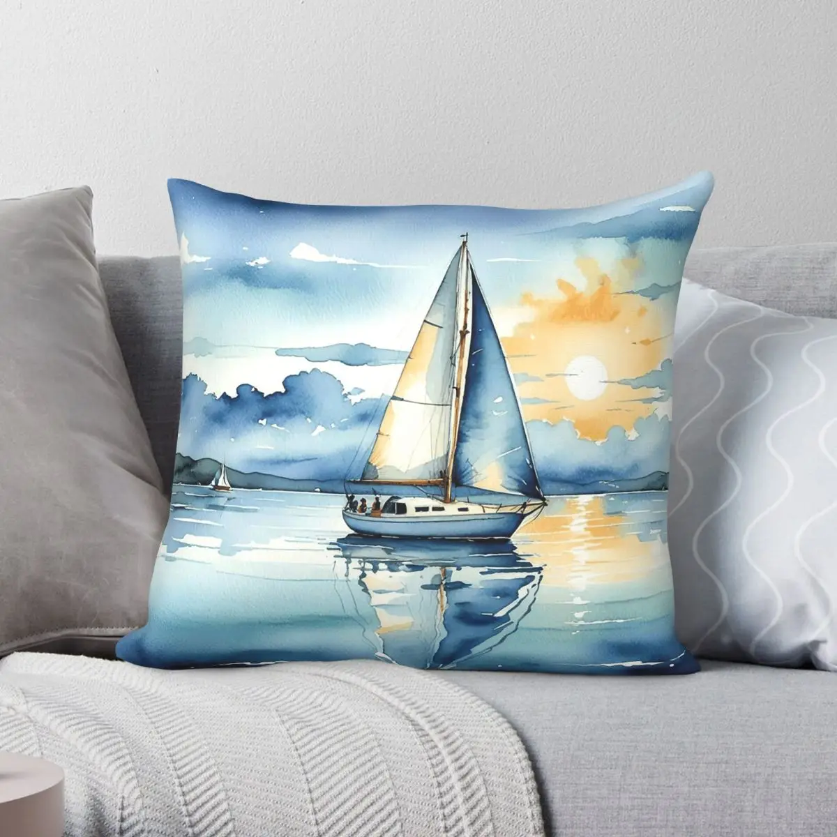 Sailboat On A Tranquil Lake Square Pillowcase Polyester Linen Velvet Printed Zip Decor Home Cushion Cover