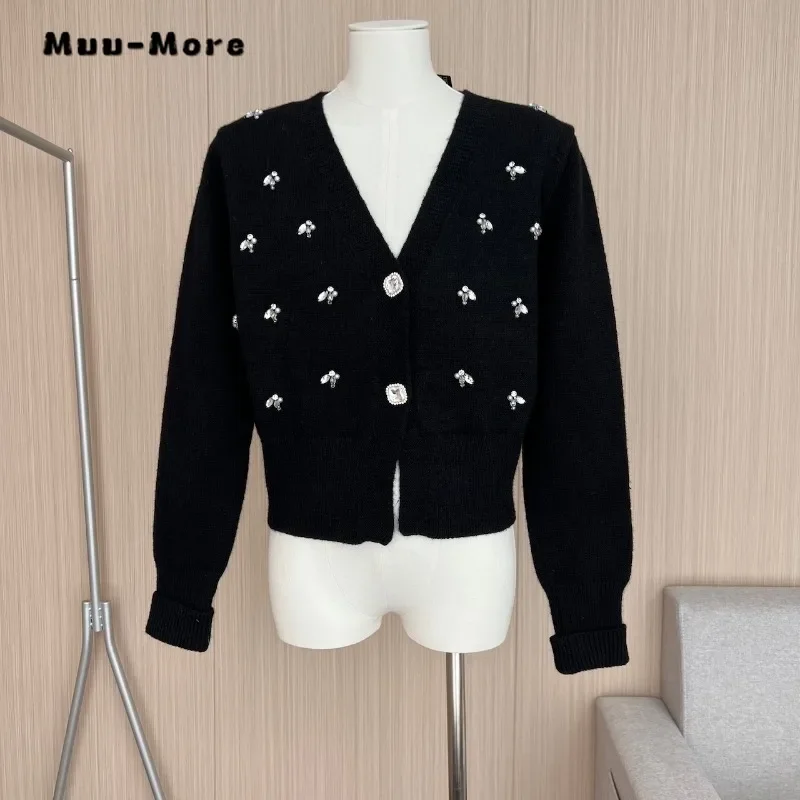 

2023 Winter Vintage Printting Fashion Single Breasted Sweater Women Casual Jumpers Knitting Long Sleeve V-neck Black Cardigans