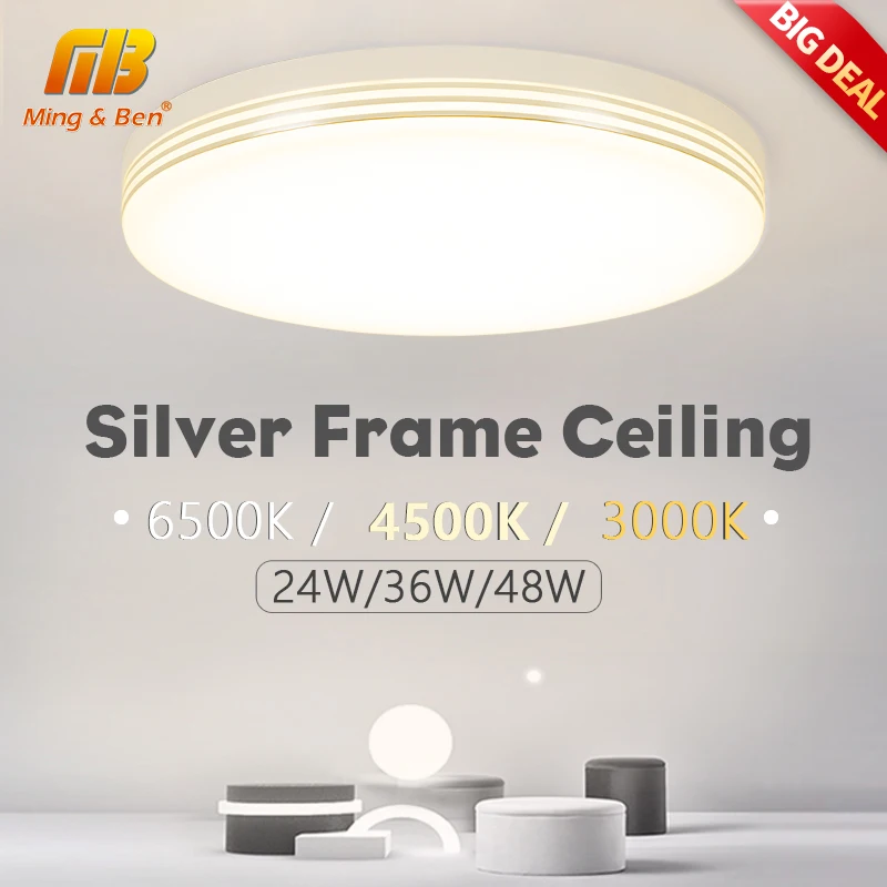 Round Led Ceiling Lamp Silver Frame Natural White Lustre Lighting 48W 36W 24W Ceiling Lights for Bedroom Living Room Decoration