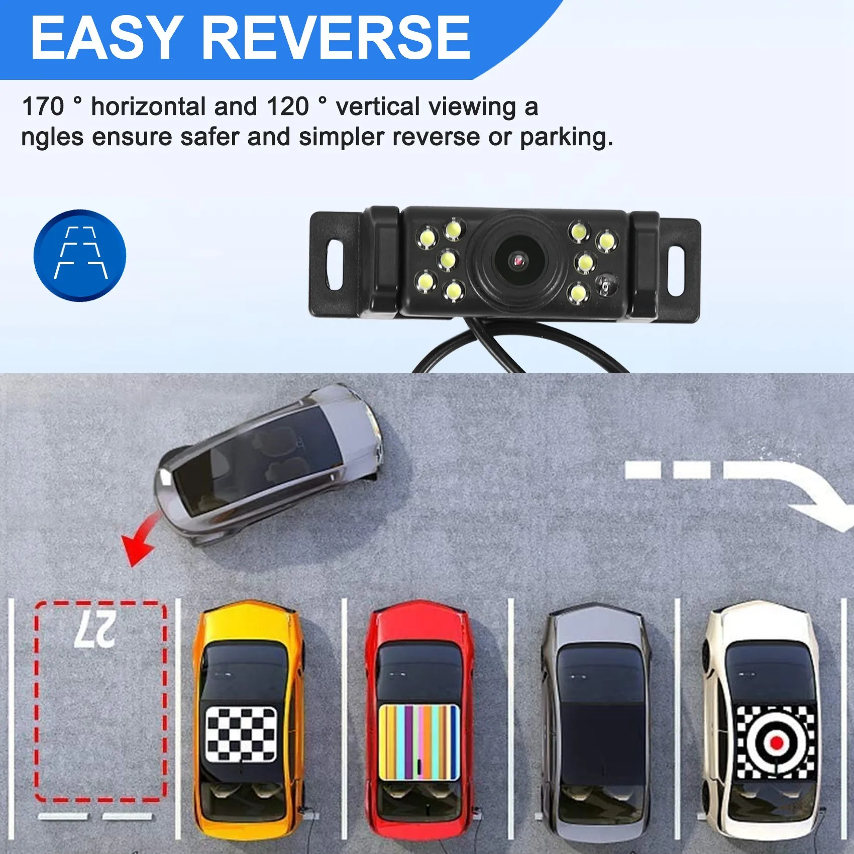 A21E-Car Backup Camera Rear View Reverse Camera With 170° Wide Angle 9 LED Lights Super Clear Night Vision For All Vehicles