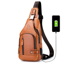 Genuine leather men's chest bag, cowhide retro single shoulder crossbody bag with built-in USB charging port and card slot
