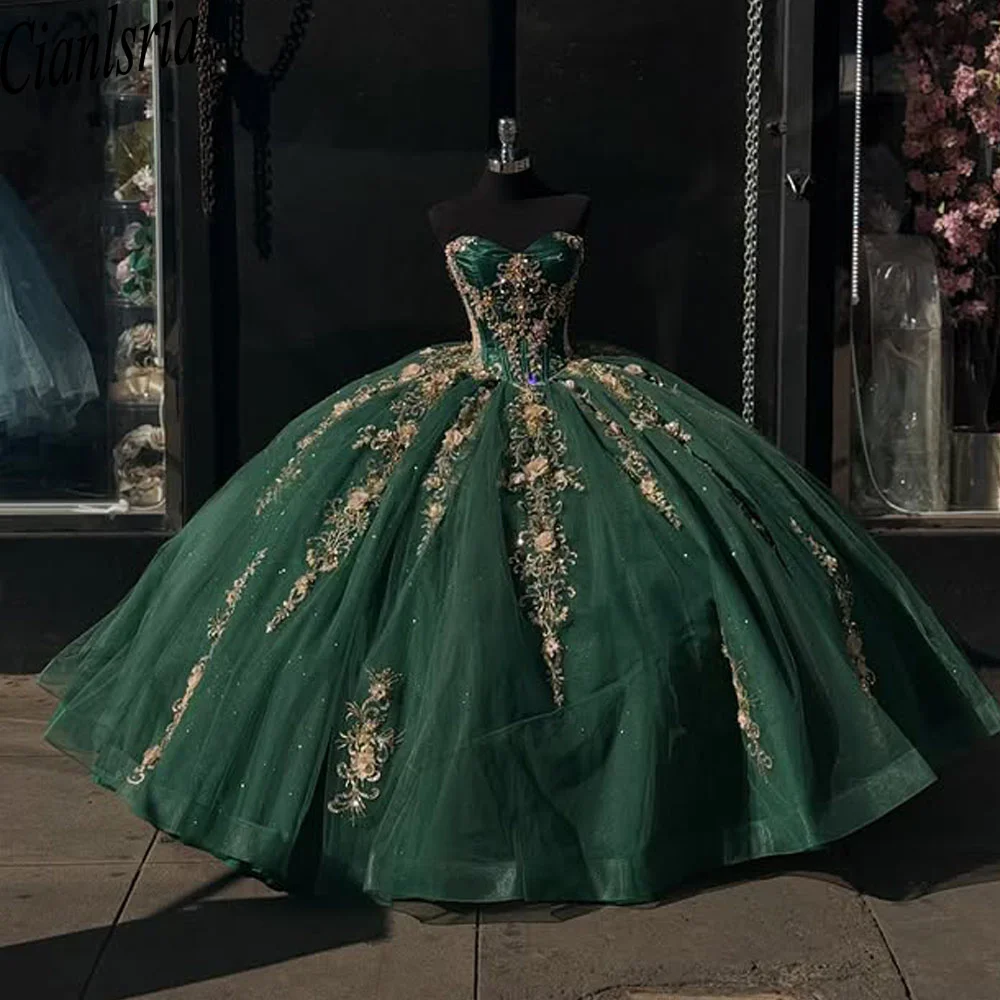 

Зеленое платье принцессы Sweet 16, Quinceanera, расшитое бисером и кристаллами, аппликациями, жемчугом, Vestido De 15 Anos, бальное платье на заказ по индивидуальному заказу