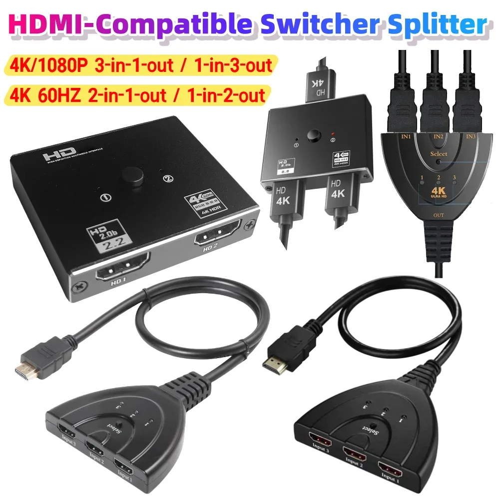 4K/8K 60Hz HDMI-Compatible Switcher Splitter 1x2/2x1 Bi-Directional Switcher HDMI-Compatible Hub Video Splitter for PS 4 TV Box