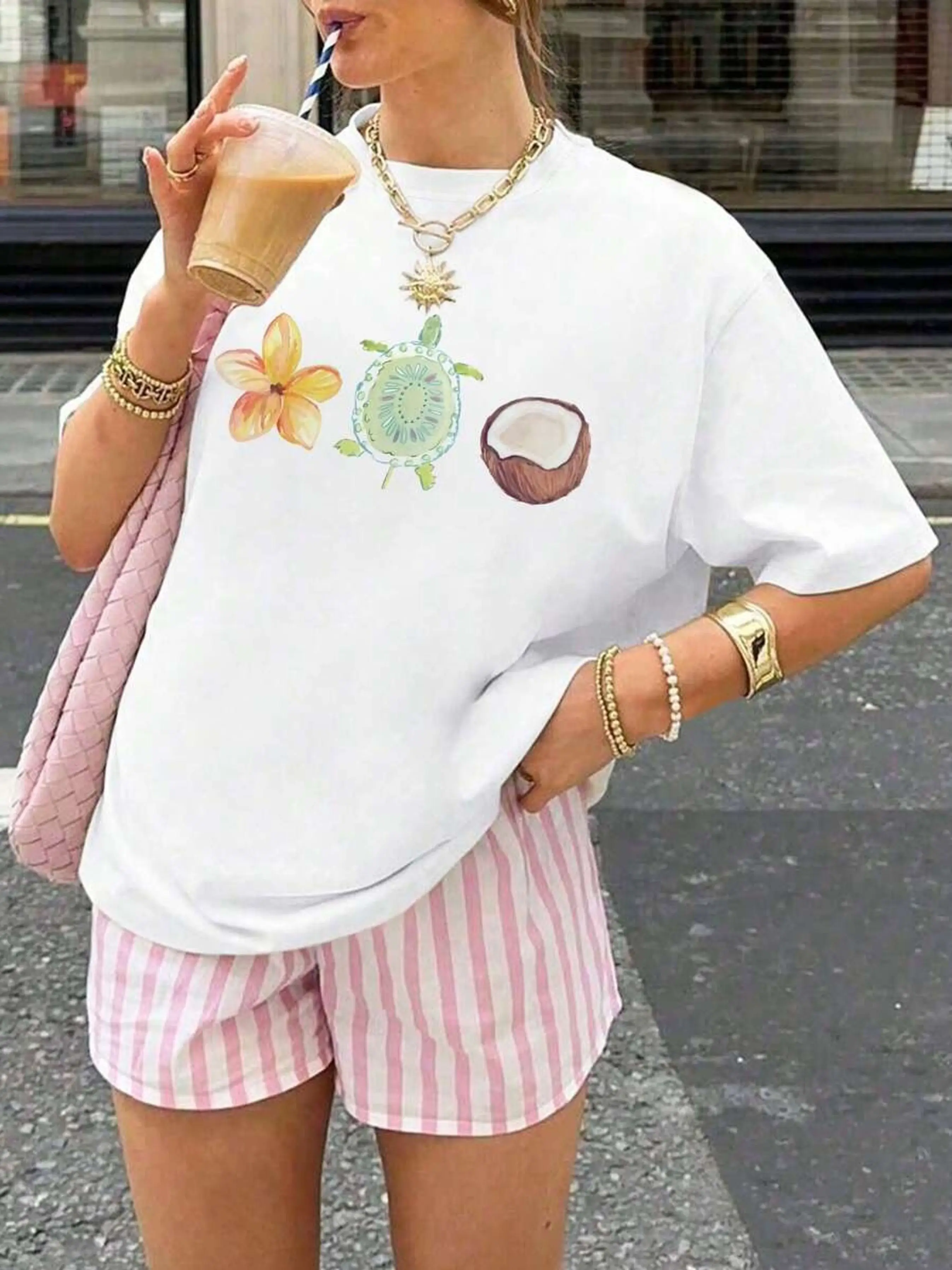 المرأة الأبيض الاستوائية طباعة هاواي الكركديه شجرة النخيل مع زهرة الكركديه السلاحف الجرافيك Harajuku الشارع الشهير بلايز تيز