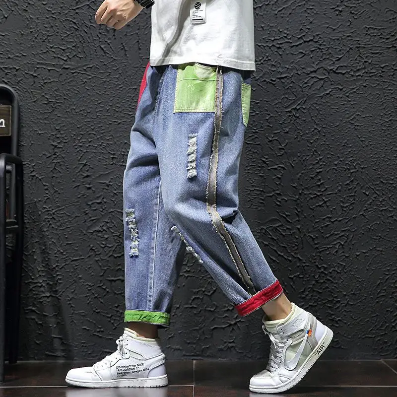 Spring Summer New Fashion Button Zipper Ankle Length Pants Man High Street Casual Loose Cotton Pocket Hole Patchwork Trousers