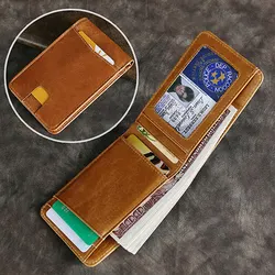 Durable Real Leather Wallets for Men Retro Small Card Holder Simple Bifold Billfold with ID Transparent Photo Window Moneybag