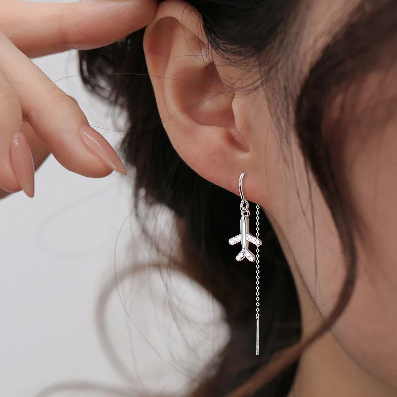 925 Silver Plated Crystal Airplane Stud Earrings for Women Girls Jewelry for Daily Wear eh426