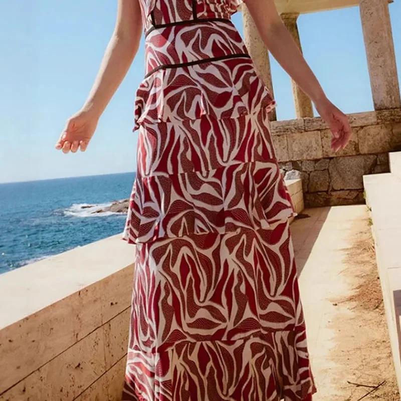 New Summer Square Neck Short Sleeve Beach Dress Woman Elegant Pattern Print Ruffles Long Dress Sexy A Line Backless Boho Dresses