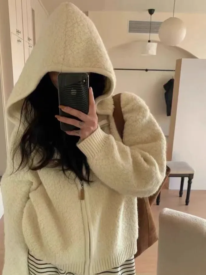 Soft Cozy Women's Knitted Lamb Velvet Hoodie Cardigan Korean Sle Loose Fit Warmth Autumn Winter Faion Ladies' ort Coat