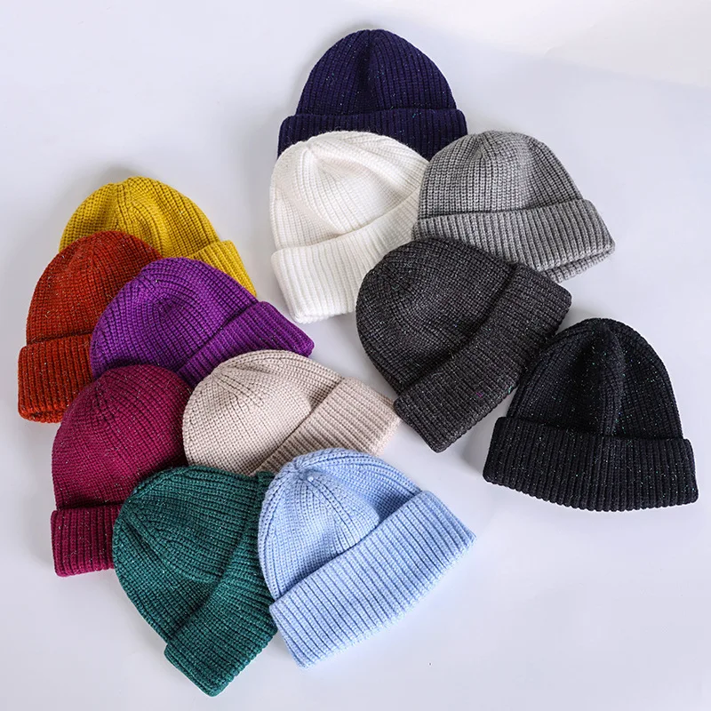 Winter Warm Pullover Cap Korean Street All-Matching Beanie Hat Men's Flash Silk Core-Spun Yarn Skullcap Factory Direct Sales