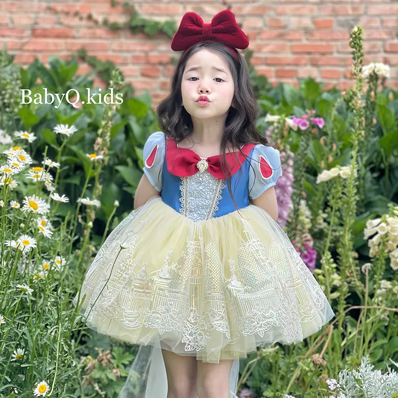 Disfraz de Blancanieves para Niñas, Vestido de Tul Azul y Amarillo con Lazo Rojo Grande y Diadema, Ideal para Cumpleaños y Fotografía
