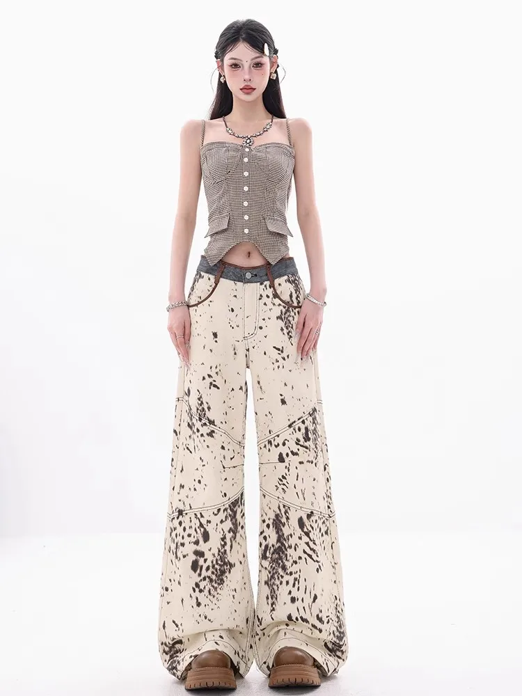 American Retro Stitching Leopard Print Jeans Women's Streetwear Hip-hop Loose Straight Trousers 2025 New Y2K Wide Leg Denim Pant