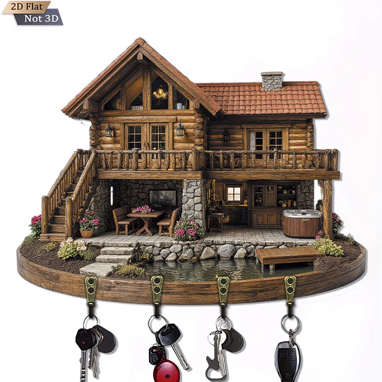 Porta Llaves Rústico de Madera, Impresión Plana 2D, para Montar en la Pared, con 4 Ganchos, Decoración para el Hogar