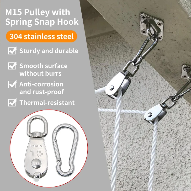 2-6PCS M15 stainless steel pulleys, single pulley with M5 climbing buckle rotatable rope, lifting tool