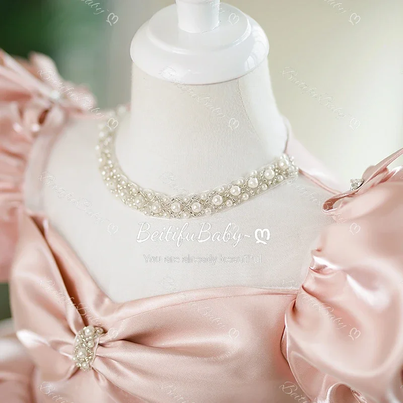 BeitifuBaby Flower Girl Dress Round Neck Bubble Short-sleeved Pearls Decoration Banquet Ball Gown Wedding Dresses for Children