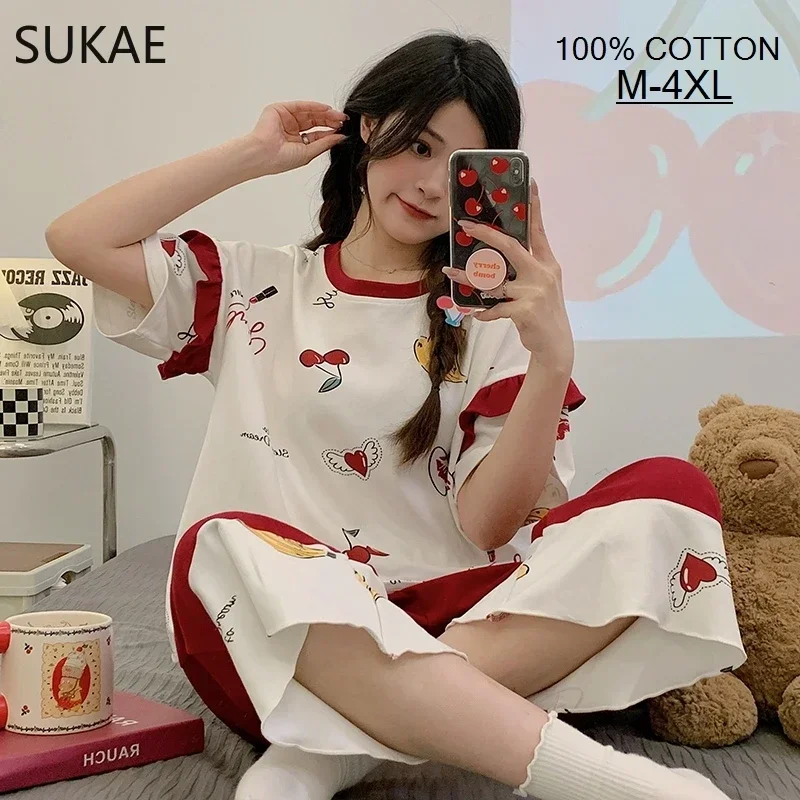 SUKAE 100% Cotton M-4XL Women Pajamas Set Summer Sleepwear Short Knee-length Pants Nightwear Capris Loungewear Cartoon Pijama