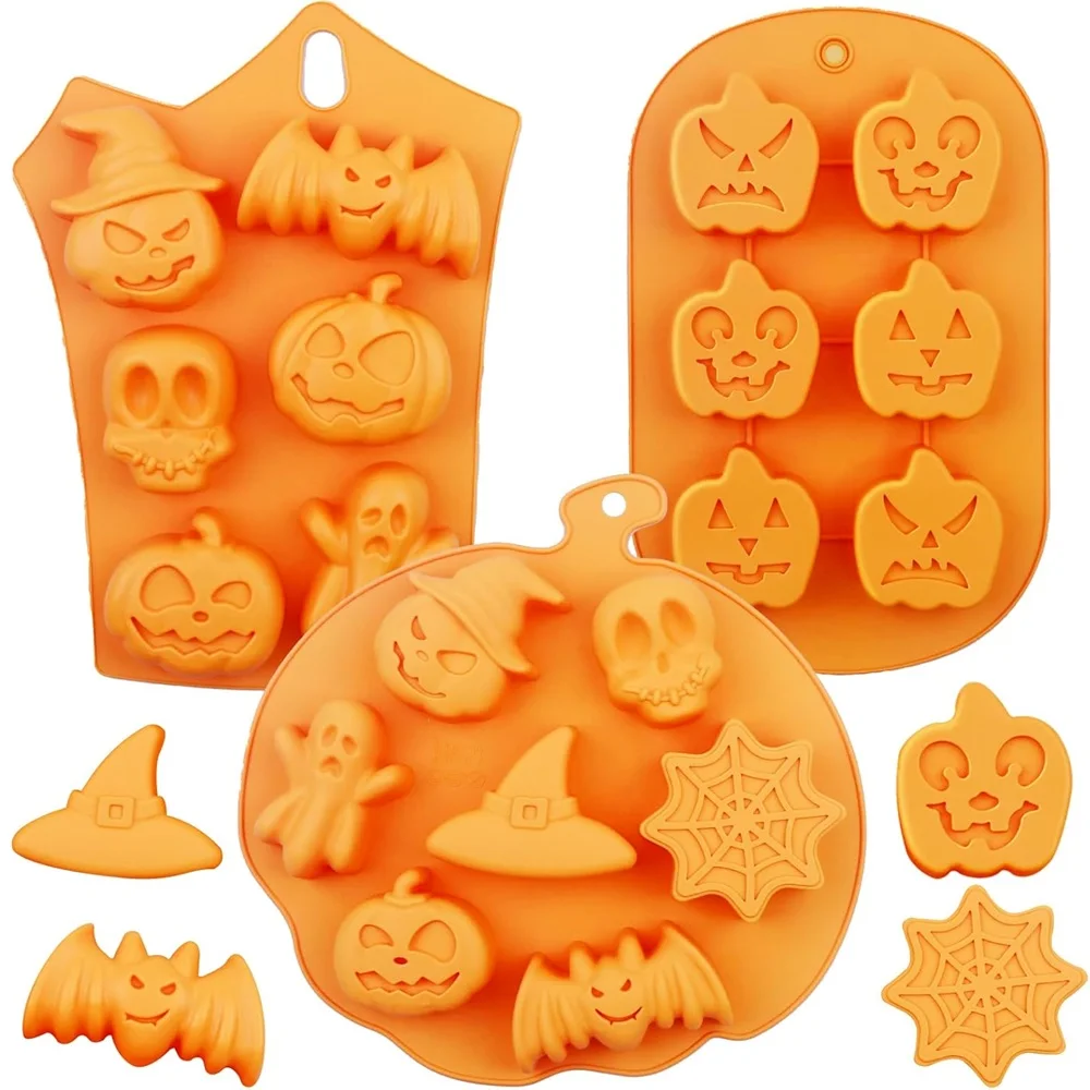 

3 Halloween Moulds Nonstick Silicone Pumpkin Mold Skull Bat Ghost Shape Chocolate Candy Mold Baking Cake Pudding Cookie Cupcak