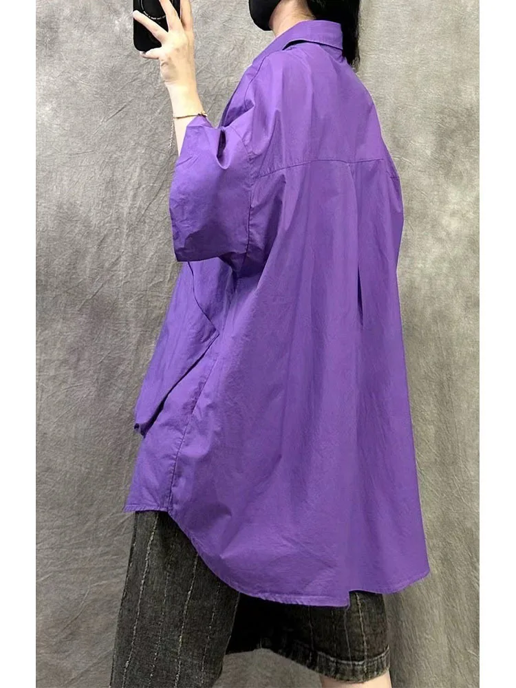 Amax LuluE 韓国夏の女性のファッションビッグサイズシャツレディースクラシックヴィンテージブラウスルーズカジュアルロングトップス Soild 綿の服