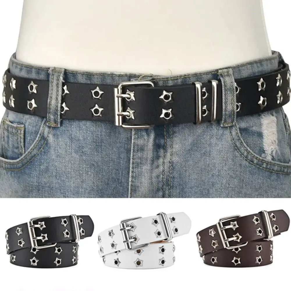 1PC Rivet Belts Men Women Double Star Eyelet Grommet Waist Strap Adjustable Punk Waist Belt Double Pin Buckle Y2k Style Belts