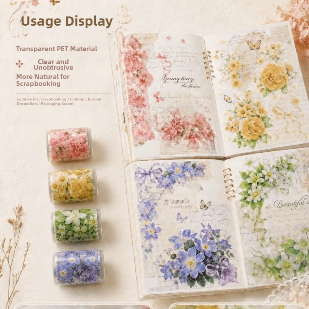 Scrapbooking DIY Flower PET Tape Bow Butterfly Floral Sticker Tape Journal Decoration Transparent Decorative Tape DIY