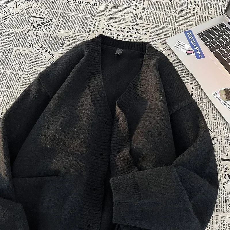 

Autumn and Winter Lazy Wind All Knitted Cardigan Men V-neck Sweater Cardigan Men Solid Color Simple Loose Casual Warm Jacket
