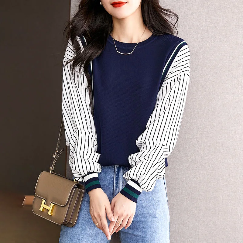 Thin Autumn Winter Striped Creative Patchwork Bottoming Fashion Simplicity Temperament Pullovers Women's Clothing 2022 Casual